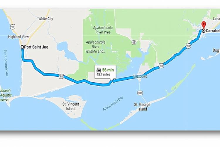 Map from Port St Joe to Carabelle